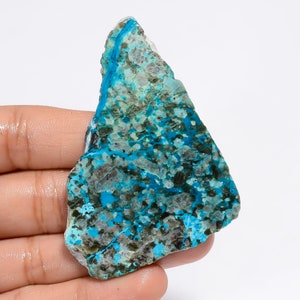 Fatia de cristal de crisocolla natural, forma crua, laje de crisocolla, fatia de palma crua, ambos os lados, laje crua polida 61x45x5mm