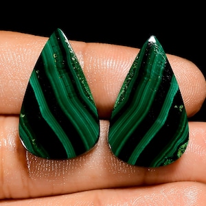 Natural Malachite Matched Pair Cabochon Pear Shape Loose Gemstone Pair For Making Earrings 45 Ct. 25X15X4 mm (Pair as picture)