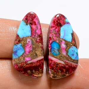 Huître naturelle épineuse cuivre turquoise forme fantaisie cabochon paire de pierres précieuses en vrac pour la fabrication de boucles d'oreilles poids 24 carats taille 25X11X4mm
