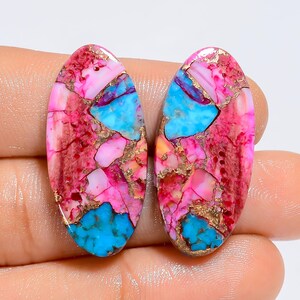 Paire de pierres précieuses en vrac en forme de cabochon ovale turquoise d'huître épineuse pour faire des boucles d'oreilles 34 Ct 30X13X3mm (La paire comme sur l'image)