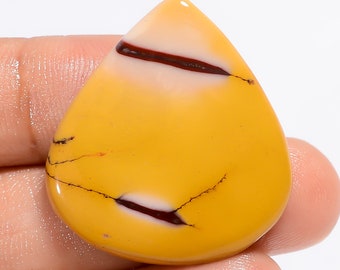 May include: A polished, teardrop-shaped gemstone. It has a yellow base, a central band of white and dark red, and fine black lines. The stone is likely for jewellery or collection.