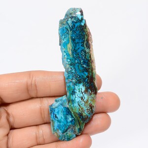 Fatia de cristal de crisocolla natural, forma crua, laje de crisocolla, fatia de palma crua, ambos os lados, laje crua polida 84x31x7 mm