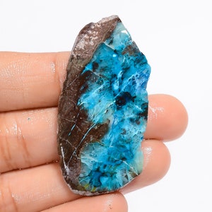 Fatia de cristal de crisocolla natural, forma crua, laje de crisocolla, fatia de palma crua, ambos os lados, laje crua polida, 49x24x4mm, 49 quilates