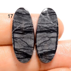 May include: Two oval-shaped black and grey gemstone cabochons with a striated pattern.