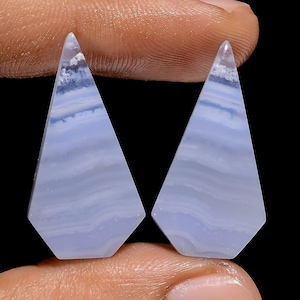 Par de piedras preciosas sueltas de cabujón de forma elegante de ágata de encaje azul natural para hacer aretes, peso 25 quilates, tamaño 29 x 15 x 4 mm