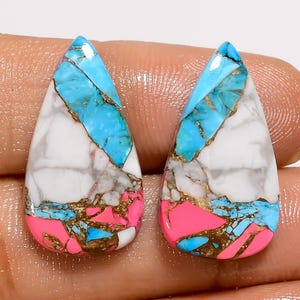 Paire de pierres précieuses en vrac en forme de cabochon en forme de poire pour faire des boucles d'oreilles, rose bonbon, cuivre et turquoise, 17 carats 24 x 13 x 3 mm (comme sur la photo)