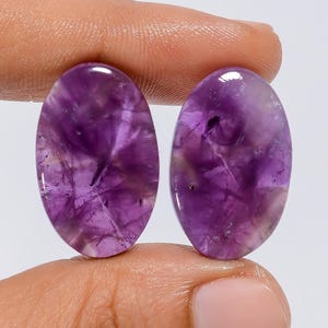 Paire de pierres précieuses en vrac en forme de cabochon ovale en améthyste trapiche naturelle pour la fabrication de boucles d'oreilles, 36 carats, 26 x 16 x 5 mm (comme sur la photo)
