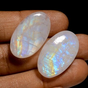 Cabochon naturel en pierre de lune arc-en-ciel de forme ovale, paire de pierres précieuses en vrac pour la fabrication de boucles d'oreilles, 35 carats, 26 x 15 x 5 mm (comme sur la photo)