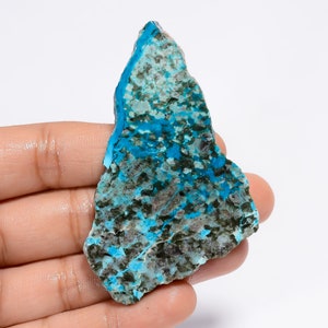 Fatia de cristal de crisocolla natural, forma crua, laje de crisocolla, fatia de palma crua, ambos os lados, laje crua polida, 71x41x4mm