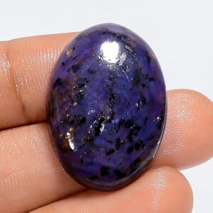 May include: Oval cabochon gemstone with a purple and black color pattern. The gemstone has a smooth, polished surface.