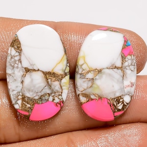 Paire de pierres précieuses assorties en forme de cabochon de forme ovale en cuivre turquoise et rose barbe à papa pour la fabrication de boucles d'oreilles, 22 carats 24 x 15 x 3 mm (la paire comme sur l'image