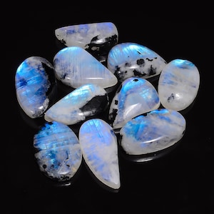 10 pièces de cristal de pierre de lune arc-en-ciel naturel/pierre de lune avec cabochon de tourmaline noire/lot de gros pierres de lune/pierre de naissance