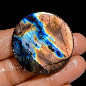 Cabochon de forme ronde en labradorite naturelle, pierre précieuse en vrac pour la fabrication de bijoux, 62 carats Cristal de labradorite 36X36X5 mm (Pierre conforme à la photo)
