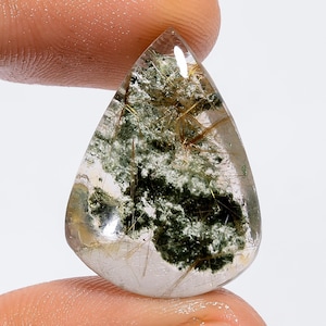 Cristallo di quarzo rutilo dorato naturale da giardino, cabochon di quarzo lodolite, pietra preziosa di lodolite sfusa a forma di pera, dimensioni 23X17X7mm, peso 21 ct.