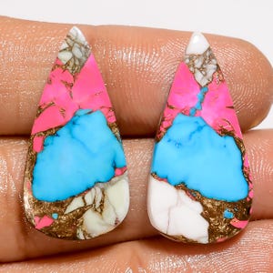 Paire de pierres précieuses assorties en forme de poire, cabochon de coton rose, cuivre et turquoise, paire de pierres précieuses pour faire des boucles d'oreilles 20 Ct. 27X13X3 mm (la paire comme sur l'image