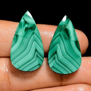 Natural Malachite Matched Pair Cabochon Pear Shape Loose Gemstone Pair For Making Earrings 42 Ct. 26X14X4 mm (Pair as picture)