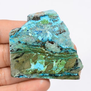 Fatia de cristal de crisocolla natural, forma crua, laje de crisocolla, fatia de palma crua, ambos os lados, laje crua polida 50x47x7 mm