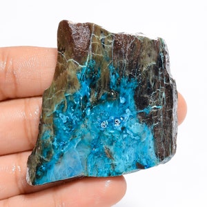 Fatia de cristal de crisocolla natural, forma crua, laje de crisocolla, fatia de palma crua, ambos os lados, laje crua polida 52x46x4 mm