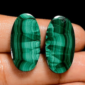 Natural Malachite Matched Pair Cabochon Oval Shape Loose Gemstone Pair For Making Earrings 35 Ct. 24X12X4 mm (Pair as picture)