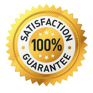 May include: A gold-colored, starburst-shaped emblem with the words "SATISFACTION GUARANTEE" in a circular pattern. The center features "100%" in bold text, surrounded by small stars, all on a white and gold background.