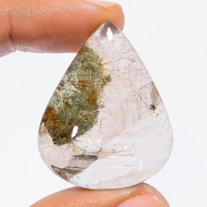 Cristallo di quarzo rutilo dorato naturale da giardino, cabochon di quarzo lodolite, pietra preziosa sfusa di lodolite a forma di pera, dimensioni 34X27X10 mm, peso 64 ct.