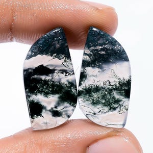 Ágata musgo natural forma extravagante cabochão par de pedras preciosas soltas para fazer brincos peso 19 quilates tamanho 23x11x3mm