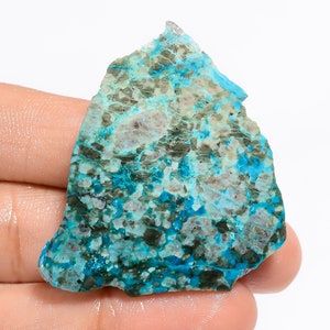 Fatia de cristal de crisocolla natural, forma crua, laje de crisocolla, fatia de palma crua, ambos os lados, laje crua polida 44x39x4mm