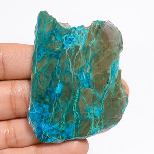 Fatia de cristal de crisocolla natural, forma crua, laje de crisocolla, fatia de palma crua, ambos os lados, laje crua polida 57x43x4 mm