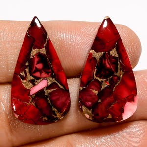 Paire de pierres précieuses en vrac pour faire des boucles d'oreilles, cabochon en forme de poire, cabochon de buffle rouge, naturel, turquoise, 29 carats, 27 x 15 x 3 mm (comme sur la photo)