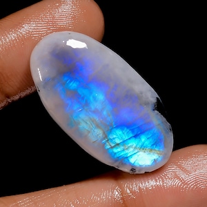 Piedra lunar arcoíris natural, cabujón ovalado, piedra preciosa suelta, 33 ct., 31 x 16 x 5 mm, piedra lunar con cristal de turmalina negra para hacer joyas