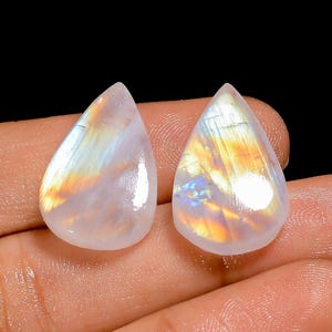 Cabochon naturel en forme de poire avec pierre de lune arc-en-ciel, paire de pierres précieuses en vrac pour la fabrication de boucles d'oreilles, 28 carats, 22 x 14 x 5 mm (comme sur la photo)