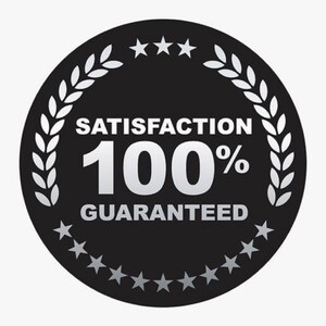 May include: A black and silver circle with a laurel wreath design and the text "SATISFACTION 100% GUARANTEED".