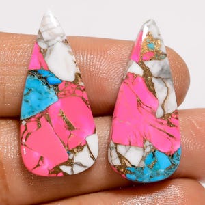 Paire de pierres précieuses en vrac en forme de cabochon en forme de poire pour faire des boucles d'oreilles, couleur rose bonbon, cuivre et turquoise, 22 carats 29 x 13 x 3 mm (comme sur la photo)