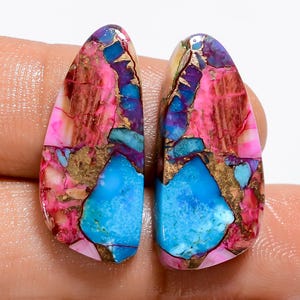 Ostra natural espinhoso cobre turquesa formato extravagante cabochão par de pedras preciosas soltas para fazer brincos peso 21 quilates tamanho 25x11x3 mm