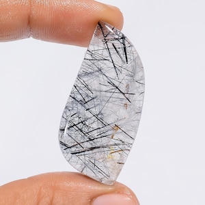 Cabochão de quartzo rutilo preto natural com formato especial, pedra preciosa solta para fazer joias, 40 ct. 42 x 19 x 6 mm (quartzo rutilo preto como na imagem)