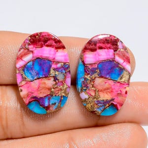 Paire de pierres précieuses en vrac en forme de cabochon ovale turquoise d'huître épineuse pour faire des boucles d'oreilles 30 Ct 23X15X2 mm (La paire comme sur l'image)