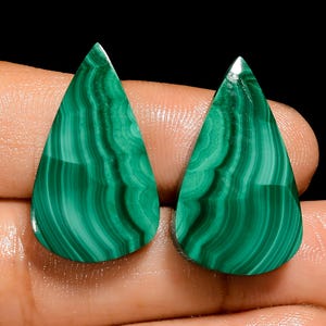 Natural Malachite Matched Pair Cabochon Pear Shape Loose Gemstone Pair For Making Earrings 43 Ct. 25X15X4 mm (Pair as picture)
