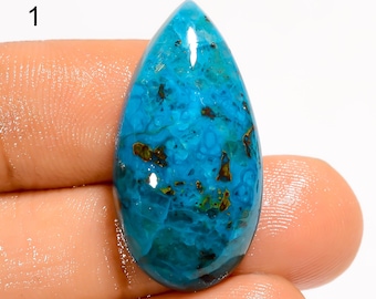 May include: A teardrop-shaped cabochon gemstone featuring a vibrant turquoise blue color with scattered dark brown and black matrix inclusions throughout the polished surface. The stone displays a smooth, glossy finish with a prominent number 1.