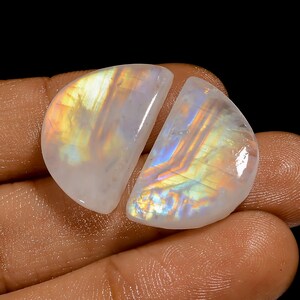 Paire de pierres précieuses naturelles en forme de cabochon de pierre de lune arc-en-ciel pour fabriquer des boucles d'oreilles, 29 carats, 22 x 14 x 5 mm (paire comme sur la photo)