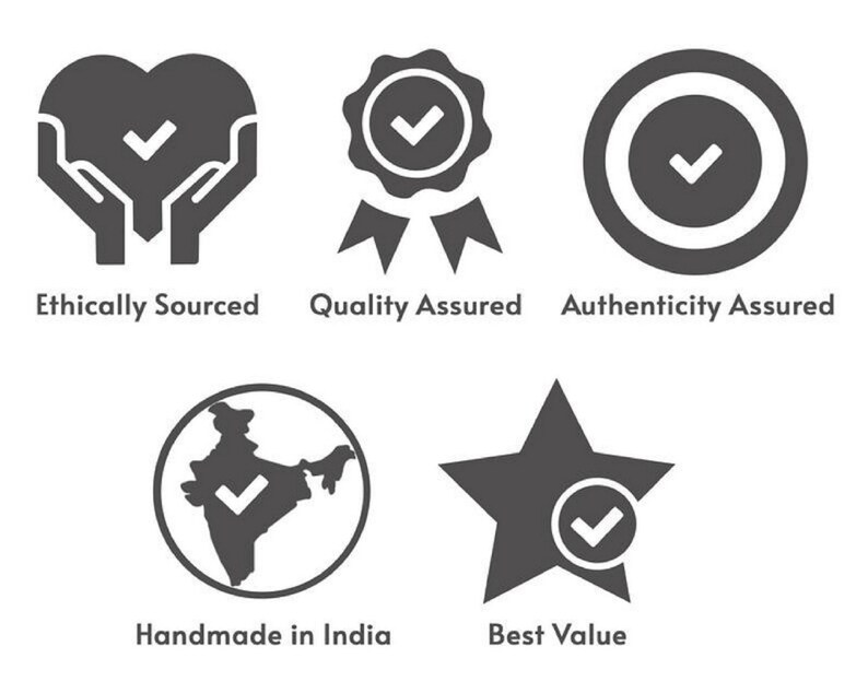 May include: A collection of five gray icons with white text. The icons include a heart with hands, a badge, a circle, a map of India, and a star. The text reads: Ethically Sourced, Quality Assured, Authenticity Assured, Handmade in India, and Best Value.