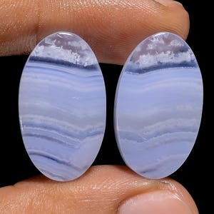 Par de piedras preciosas sueltas de cabujón ovalado de ágata de encaje azul natural para hacer aretes, peso 26 quilates, tamaño 23 x 13 x 4 mm