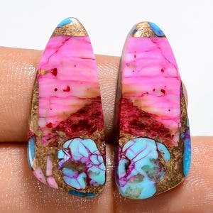 Ostra natural espinhoso cobre turquesa forma extravagante cabochão solto pedra preciosa par para fazer brincos peso 27 quilates tamanho 28x12x4mm