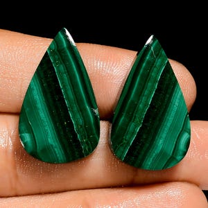 Natural Malachite Matched Pair Cabochon Pear Shape Loose Gemstone Pair For Making Earrings 45 Ct. 25X15X5 mm (Pair as picture)