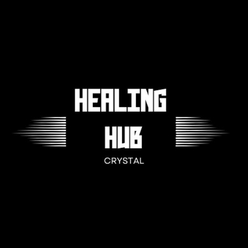 May include: A black and white logo with the text "HEALING HUB CRYSTAL" in a bold, sans-serif font. The logo is flanked by two stylized speed lines.