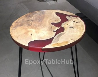Mesa de centro redonda de resina epoxi hecha a mano: diseño de río con borde natural de madera