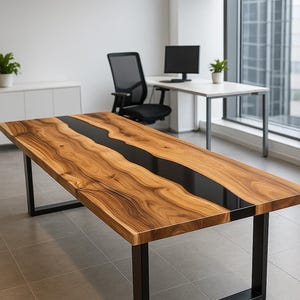 Luxury Black Epoxy River Dining Table: Live Edge Wood, Custom Handmade