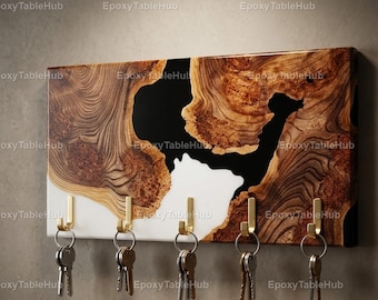Black and White Epoxy Key Holder | Live Edge Wood Key Rack | Rustic Modern Wall Organizer Epoxy Resin Key Holder Wall Mount | Live Edge Wood