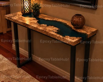 Luxury Blue Epoxy River Console Table | Live Edge Wood Entryway Table | Modern Hallway Sofa Table Handmade Epoxy River Console Table