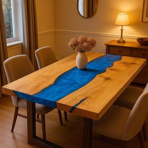 Blauer Epoxidfluss Esstisch - Benutzerdefinierte Live Edge-Harztisch - Handgefertigter Holztisch - Moderne Epoxy-Tischplatte - Flusstischmöbel,
