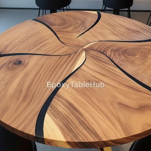 Handgemaakte ronde zwarte epoxy eettafel | Middentafel hout en hars met Live Edge